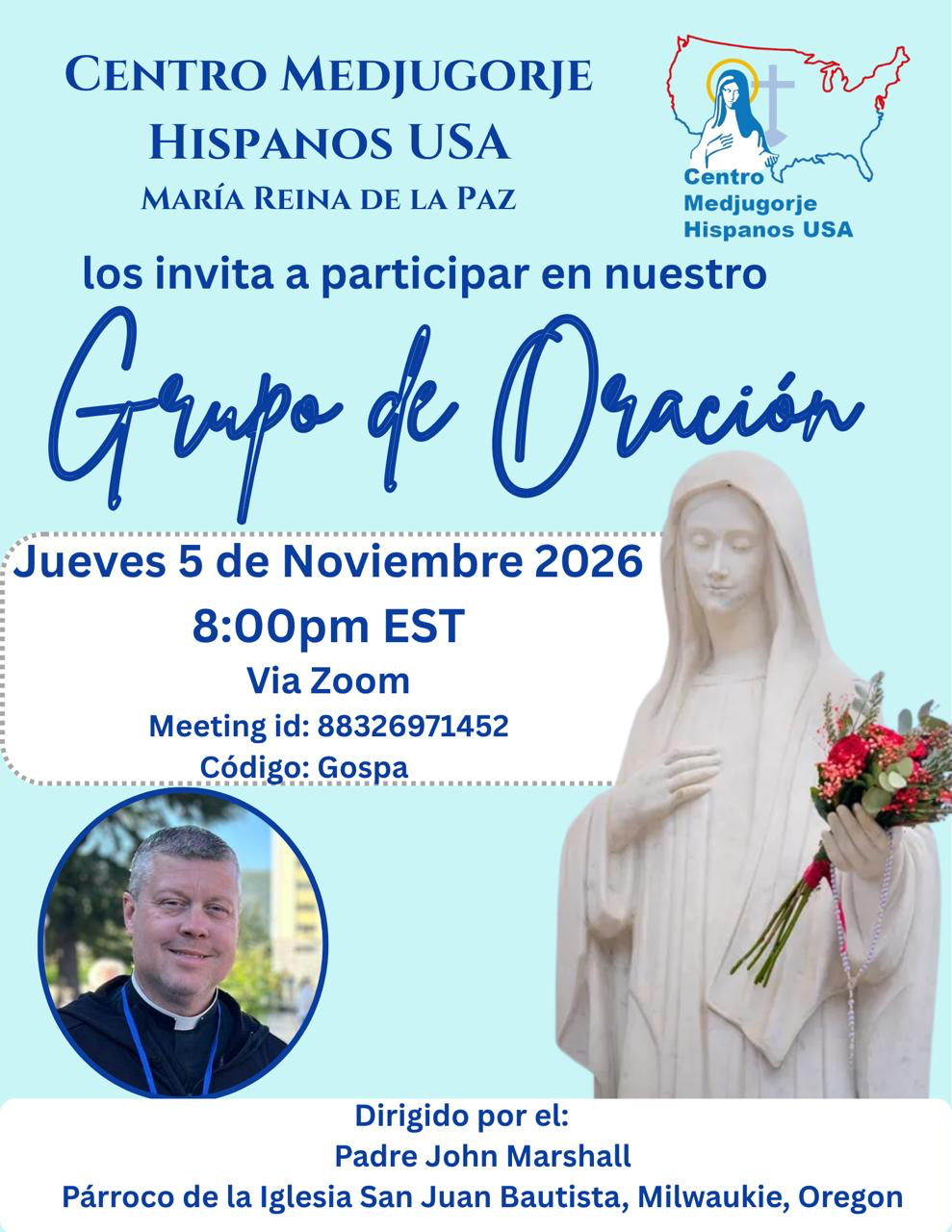 “Maria Reina de la Paz” te invita a Grupo de Oración por Zoom